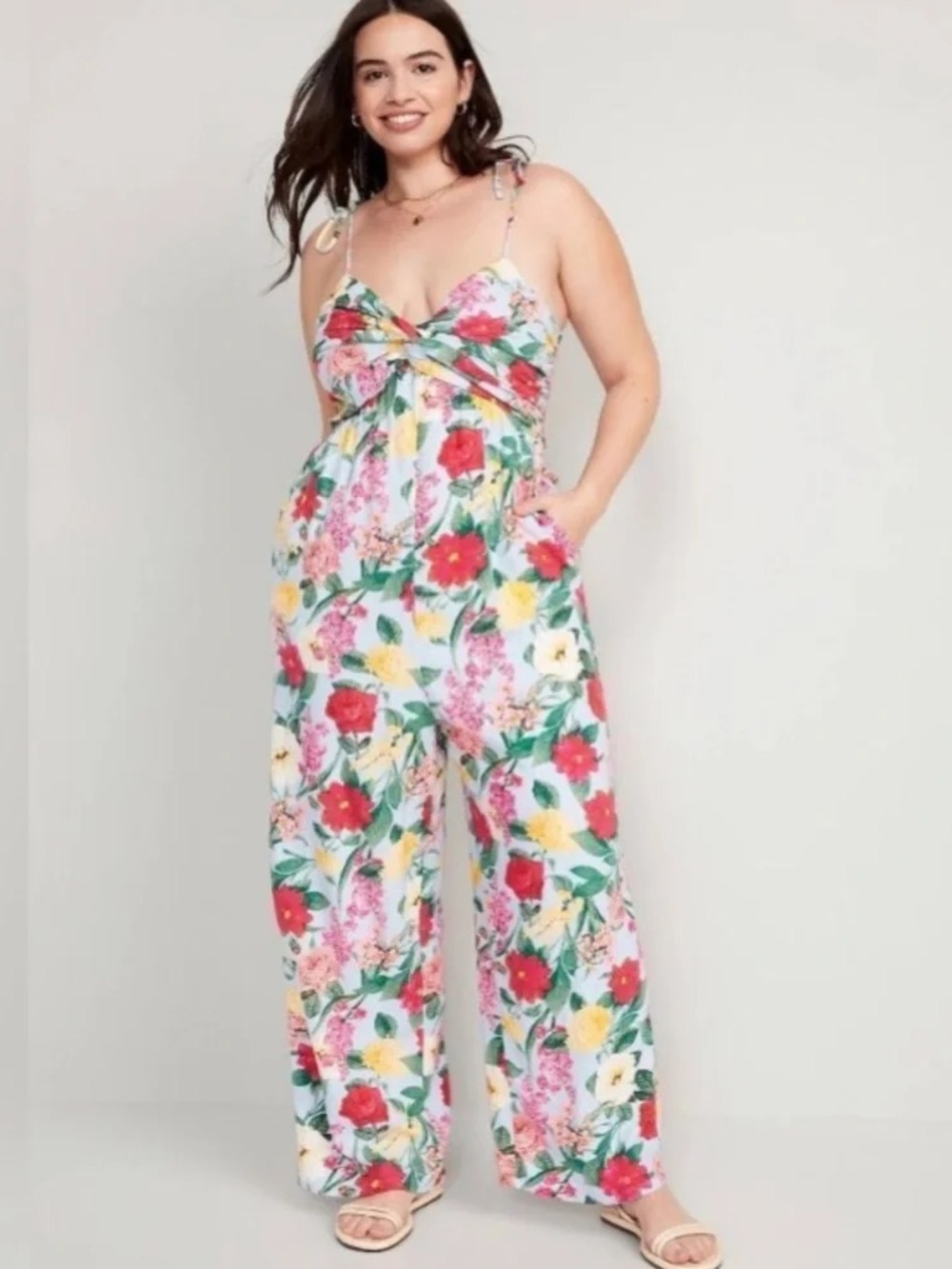 Old Navy Tie-Shoulder Crop Twist-Front Smocked Jumpsuit Sz L Multicolor Floral
